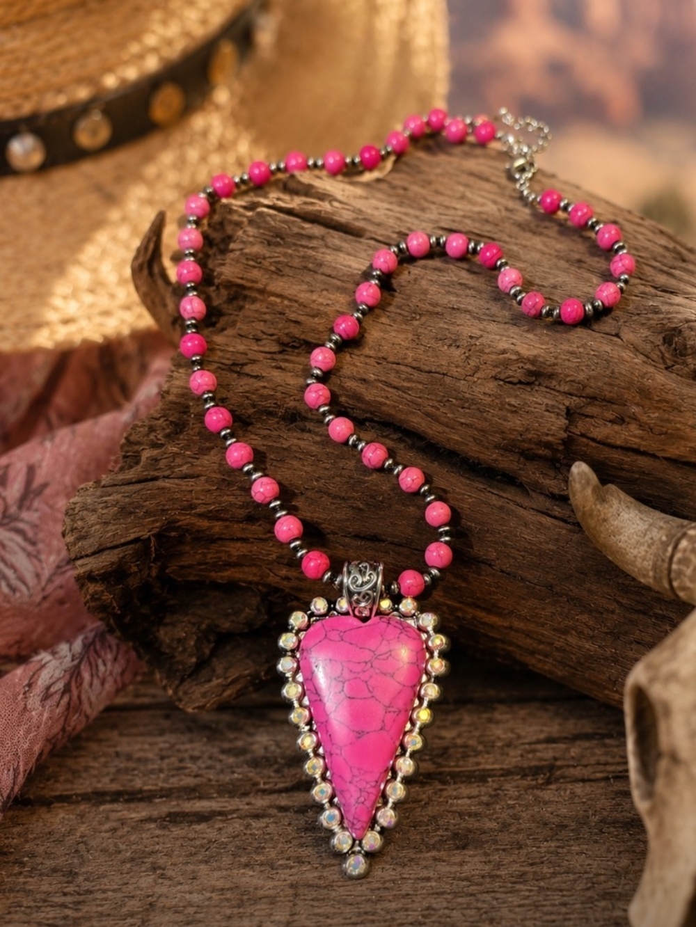 Western Inspired, Hot Pink Heart Pendant Necklace with Beaded Chain